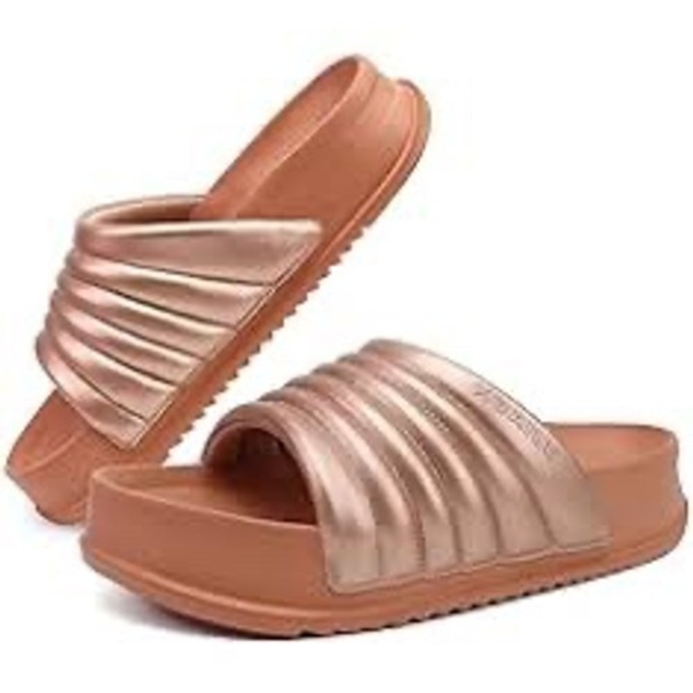 Gold and Brown Sandals with Ribbed Platform Design
